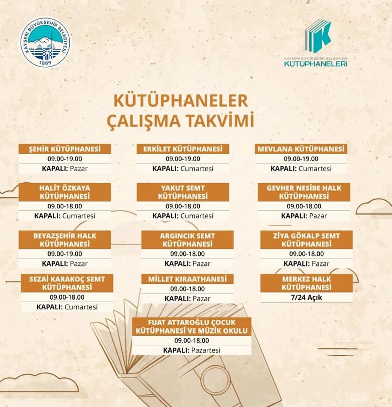 Kayseri kütüphanelerinin çalışma takvimi güncellendi