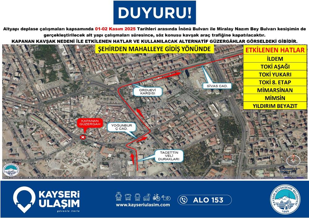 Kayseri'deki sürücülere İnönü-Miralay Nazım Kavşağı uyarısı Kayseri'deki sürücülere İnönü-Miralay Nazım Kavşağı uyarısı